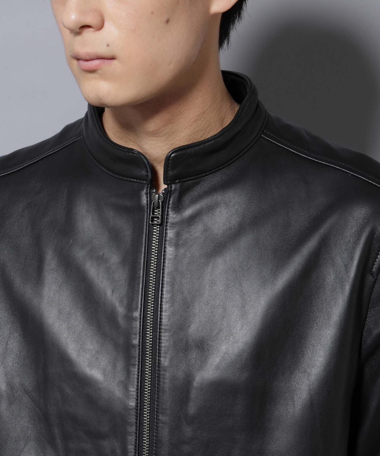 バンドカラーレザーシングルライダースジャケット