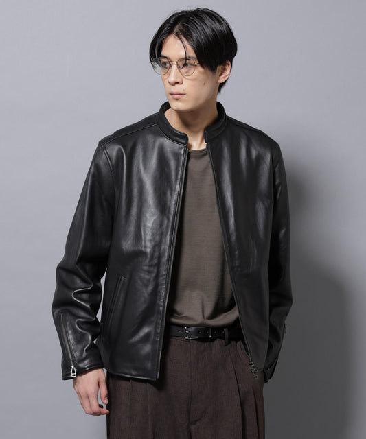 バンドカラーレザーシングルライダースジャケット